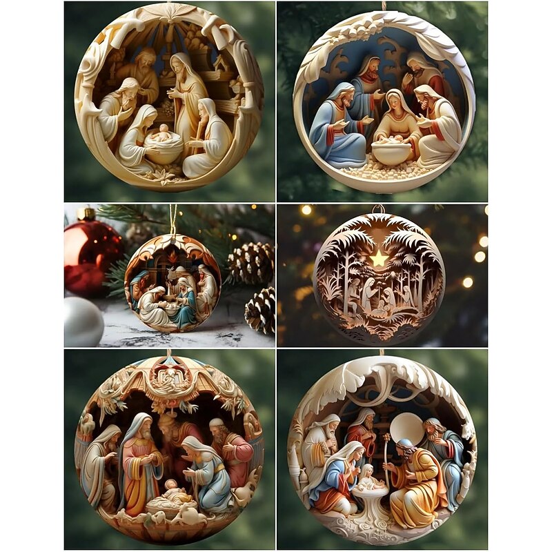 Nativity Scene  Christmas Ornament,Acrylic 2D Flat Printed Keychain, Optional Acrylic Ornament and Car Rear View Mirror Accessories Memorial Gifts Pack4