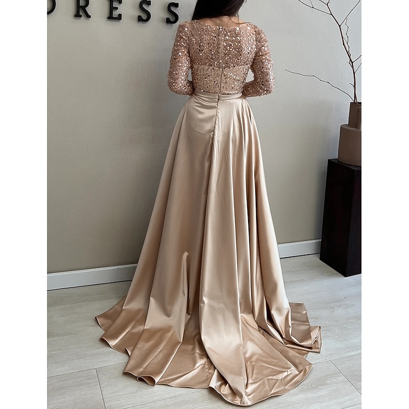 A-Line Gold Evening Gown Elegant Dress Wedding Black Tie Floor Length Long Sleeve Jewel Neck Satin with Sequin Masquerade Dress2