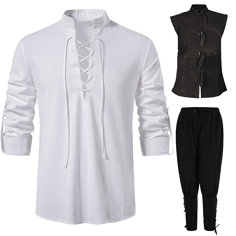 Set with Medieval Shirts Pirate Pants Vest 3 PCS Outfits Knight Ritter Viking Celtic Knight  Men's Renaissance 17th Century Cosplay Costume LARP Party Casual Daily Renaissance Fair3