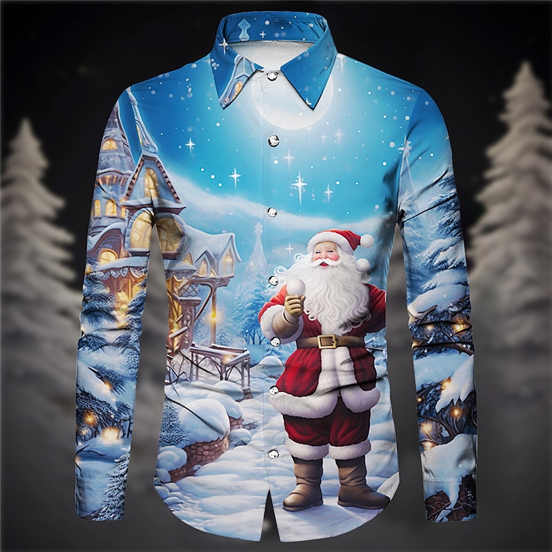 Christmas Men's Santa Claus Printed Shirts Santa Claus Casual Daily Wear Going out Fall & Winter Turndown Long Sleeve Navy Blue, Blue, Sky Blue S, M, L 4-Way Stretch Fabric Christmas