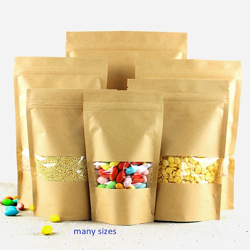 100pcs/lot Kraft Paper Bag Self Sealing Stand Up Bags With Transparent Window For Dried Food/Snack/Fruit/Tea/Gift Packaging3