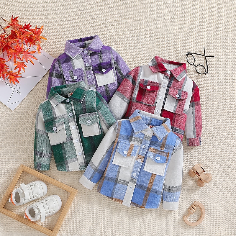 Kids Girls' Children's Day Shacket Plaid Fashion Crewneck Outdoor Cotton Coat Outerwear 3-6 Y Spring Black White Pink