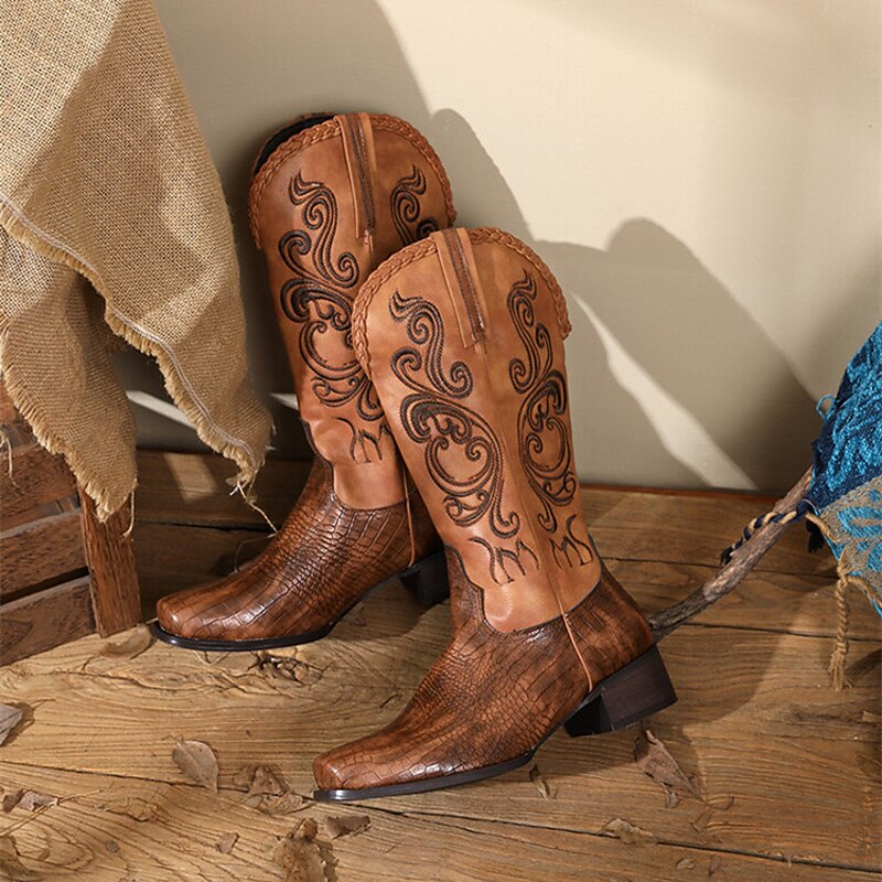 Men's Western Cowboy Boots – Brown Faux Leather with Embroidered Patterns and Crocodile Texture for Vintage Style 8