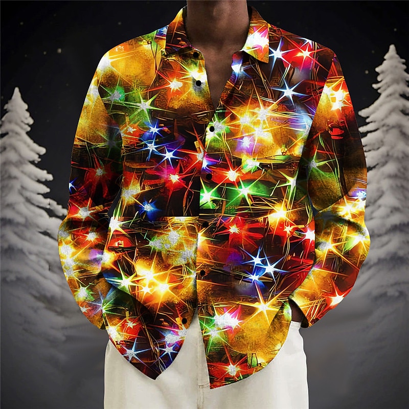 Christmas Men's Lanterns Shirt Button Up Shirt Long Sleeve Casual Daily Wear Going out Weekend Turndown Button-Down Gray+Purple Burgundy Blue Gold Rainbow