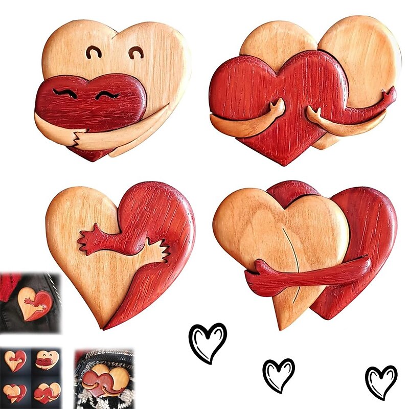 Loving Hearts Wood Intarsia Pinback Button, Pocket Hug Wooden Ornaments, Handmade Love Button Pin, Vintage Heart Brooch for Backpacks Clothes Hats, Gift for Christmas Valentines
