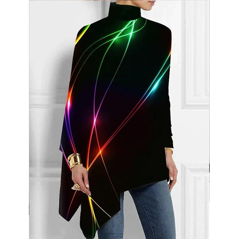 Women's T Shirt High-Neck Top Glowing Line Print Long Sleeve Loose Fit Unique Design Black Multicolor Trendy Party Nightclub Statement Shirt Fashionable Spring Fall Clothing Apparel
