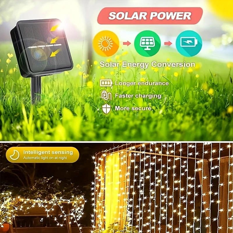 Outdoor Solar Curtain String Light, 3 * 3M-300LED/3 * 2M-200LED/3 * 1M-100LED, 8 Lighting Modes, IP65 Waterproof, Suitable for Home Garden, Porch, Backyard Wedding Parties, Thanksgiving Christmas4