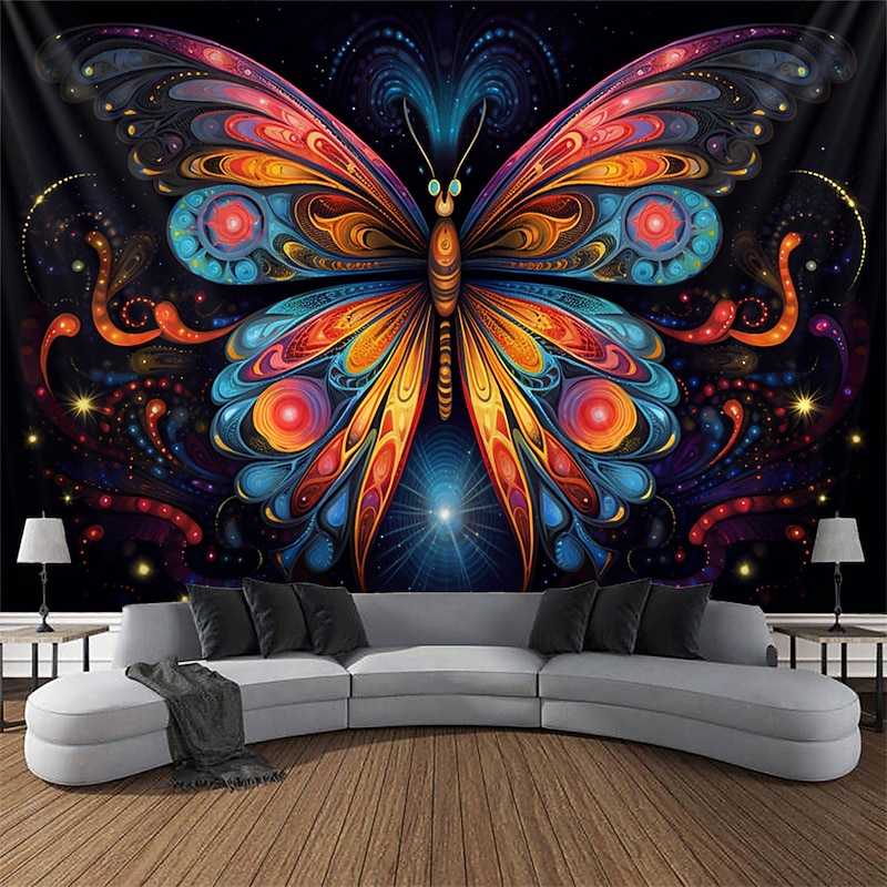 Blacklight Tapestry UV Reactive Glow in the Dark Glow Party Neon Trippy Misty Butterfly Hanging Tapestry Wall Art Mural for Living Room Bedroom