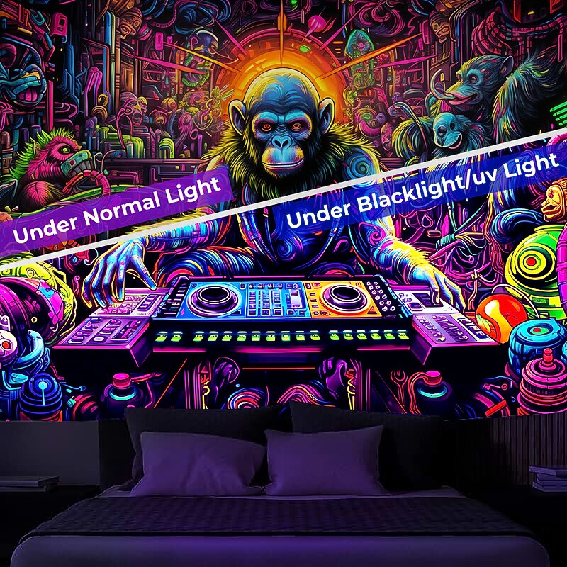 Blacklight Tapestry UV Reactive Glow in the Dark DJ Chimpanzees Animal Trippy Misty Nature Landscape Glow Party Hanging Tapestry Wall Art Mural for Living Room Bedroom4