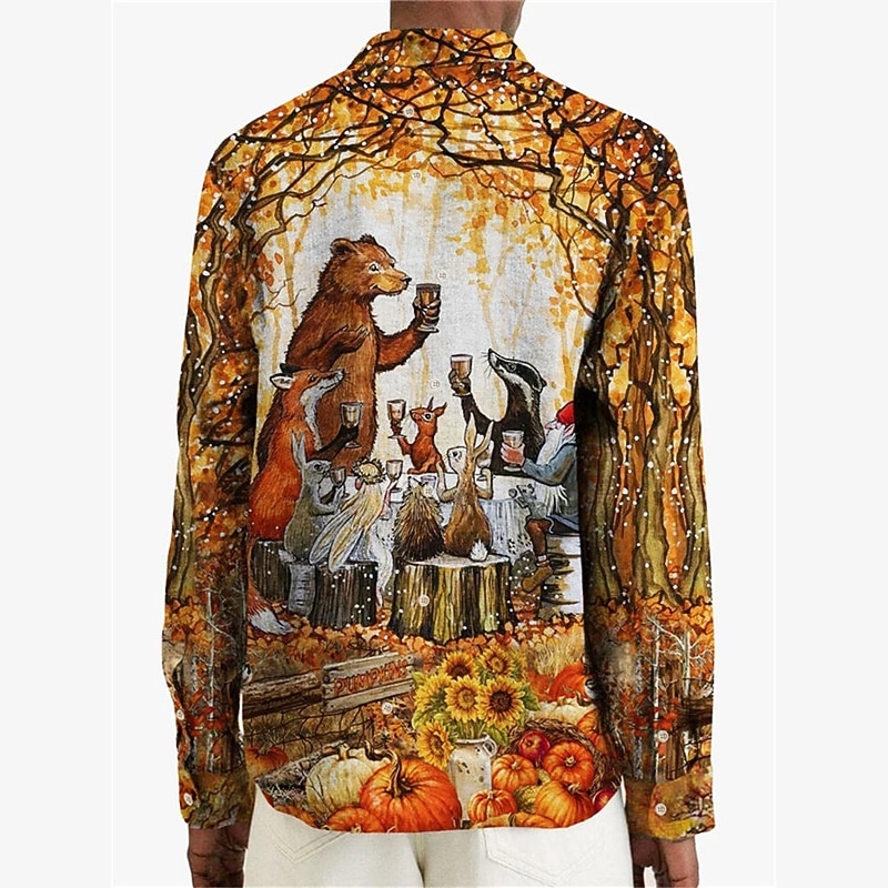 Thanksgiving Day Men's Animal Shirt Western Shirt Cowboy Shirt Long Sleeve Casual Daily Wear Going out Fall & Winter Turndown Pocket Print Button-Down Yellow2