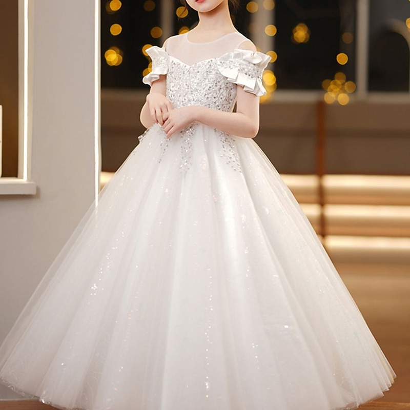 Kids Girls' Party Dress Solid Color Short Sleeve Wedding Special Occasion Princess Polyester Party Dress Flower Girl's Dress Summer Spring Fall 4-13 Years Black White Champagne2