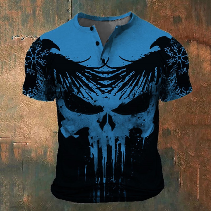 Men's Halloween Graphic Viking Skulls T Shirt Henley Shirt Short Sleeve 3D Print Fashion Retro Vintage Classic Sports Outdoor Holiday Going out Spring & Summer White Blue Red Green Henley Henley3