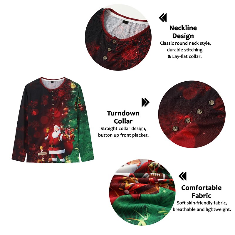 Christmas Men's Santa Claus Henley T Shirt Tee Sports Designer Basic Santa Claus Graphic Prints Long Sleeve Black Red Blue Outdoor Street Crew Neck Spring &  Fall Clothing Apparel 3D Print2