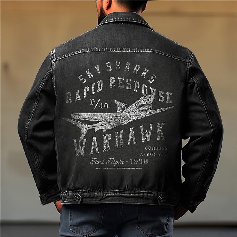 Men's Letter Airplane Coat Jean Jacket Denim Jacket Comfortable Breathable Casual Sports & Outdoor Going out Weekend Buttons Print Fall & Winter Turndown Long Sleeve Black Blue2