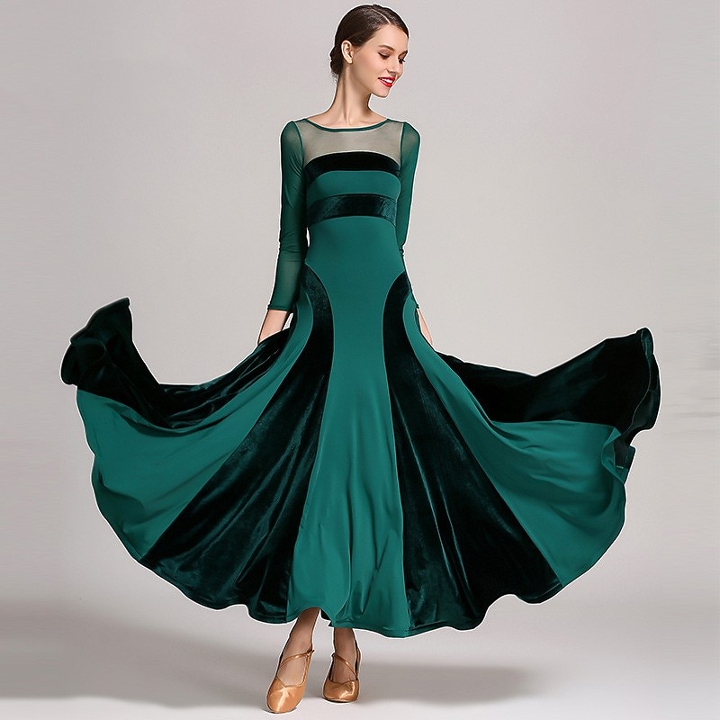 Ballroom Dance Dress Splicing Women's Performance Training Long Sleeve Natural Tulle Velvet Milk Fiber3