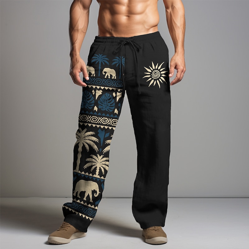 Men's Graphic Animal Tribal Linen Pants Pants Trousers Baggy Pants Mid Waist Vintage Casual Vacation Daily Wear Going out Spring Fall Black White khaki4