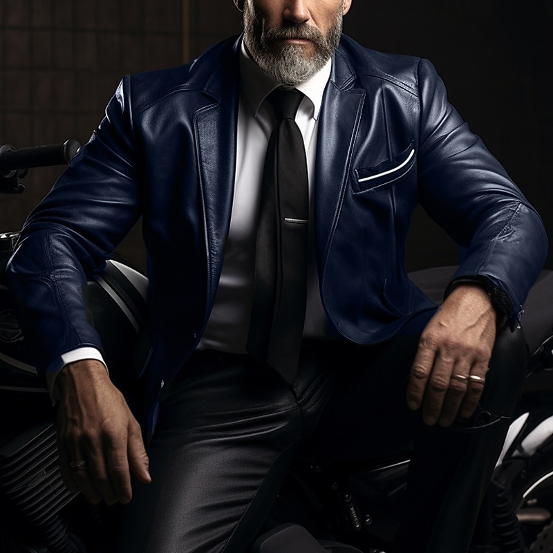Men's Leather Jacket Blazer Outdoor Daily Wear Thermal Warm Windproof Fall & Winter Plain Fashion Streetwear Lapel Regular Faux Leather Black Yellow Wine Dark Blue Jacket3