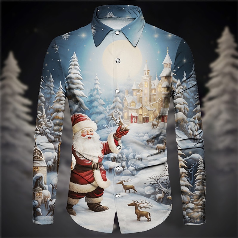 Christmas Men's Santa Claus Printed Shirts Santa Claus Casual Daily Wear Going out Fall & Winter Turndown Long Sleeve Navy Blue, Blue, Sky Blue S, M, L 4-Way Stretch Fabric Christmas3