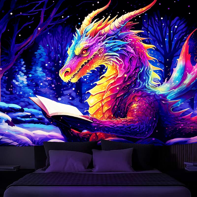 Blacklight Tapestry UV Reactive Glow in the Dark Glow Party Neon Dragon Book Psychedelic Trippy Misty Hanging Tapestry Wall Art Mural for Living Room Bedroom