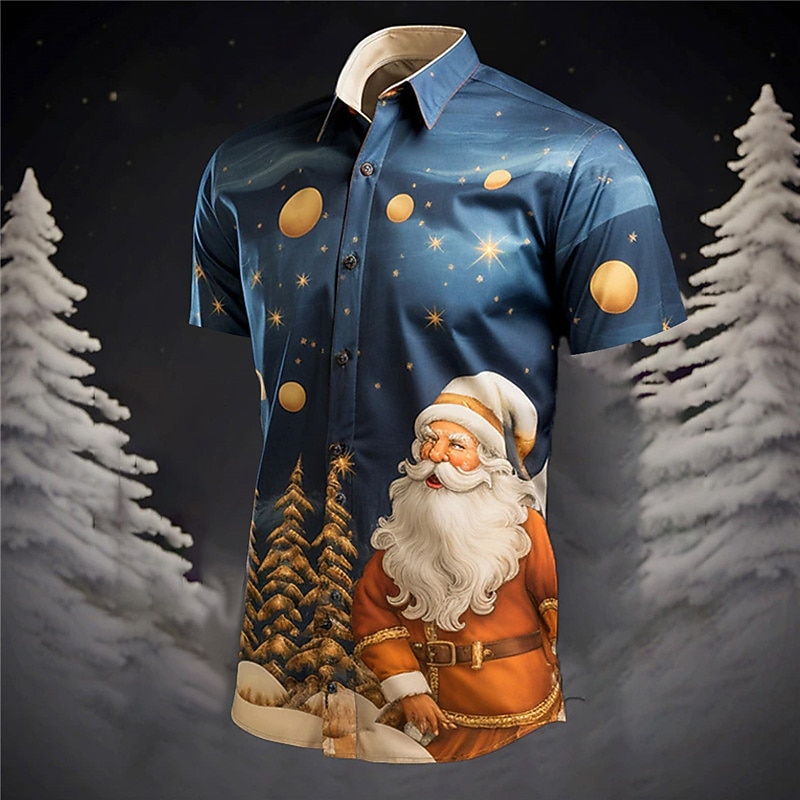 Christmas Men's Santa Claus Printed Shirts Santa Claus Casual Daily Wear Going out Weekend Autumn / Fall Turndown Short Sleeves Burgundy, Dark Navy, Navy Blue S, M, L 4-Way Stretch Fabric Christmas2