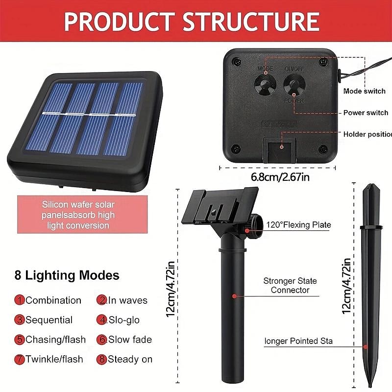 Solar String Light Multi-Colored, Christmas Solar Powered With 8 Modes Waterproof Copper Wire Fairy Lights for Bedroom Patio Garden Tree Party Yard Decoration Lighting Decoration for Balcony, Wedding,4