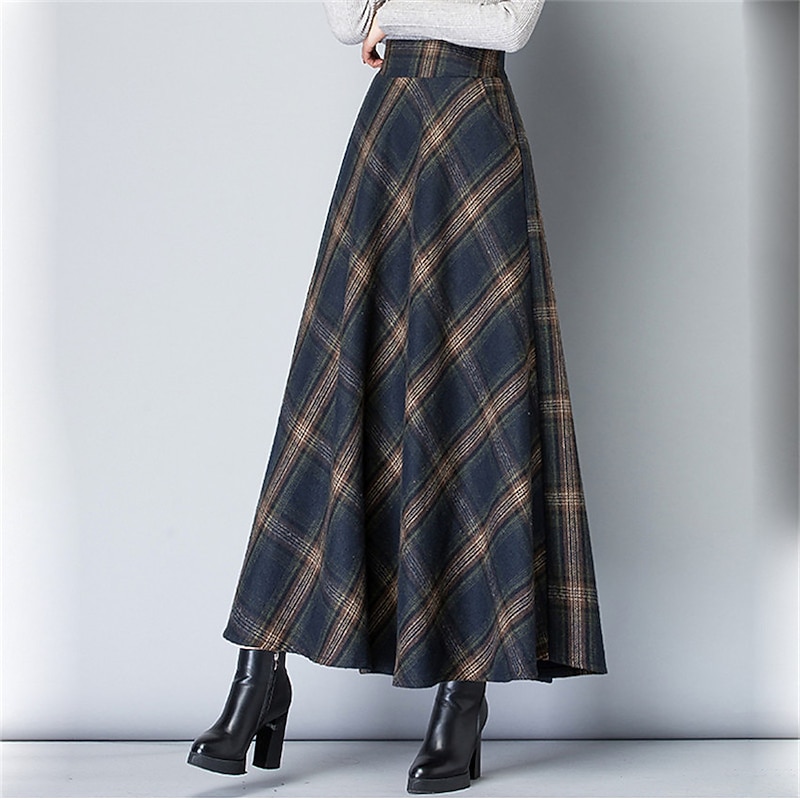 Women's A Line Plaid Skirt Maxi High Waist Skirts Pocket Long Color Block Plaid Checkered Daily Date Spring &  Fall Twilled Satin Elegant Retro Vintage Blue Grey3