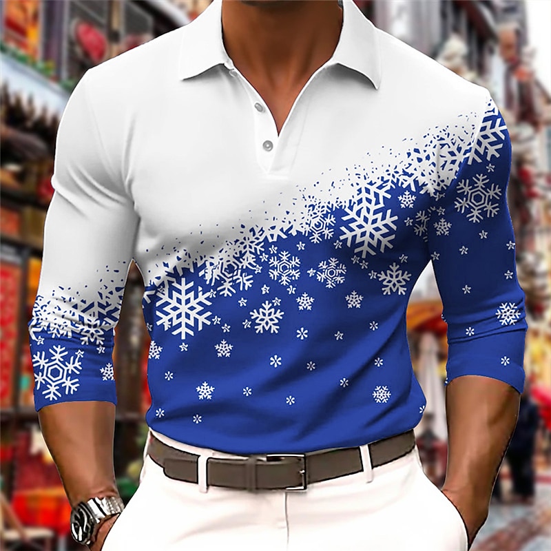 Christmas Men's Christmas Scene 3D Polo Snowflake Casual Golf Long Sleeve Outdoor Casual Daily Streetwear Fall & Winter 3D Print Turndown Lake blue Black Wine Micro-elastic Polyester3