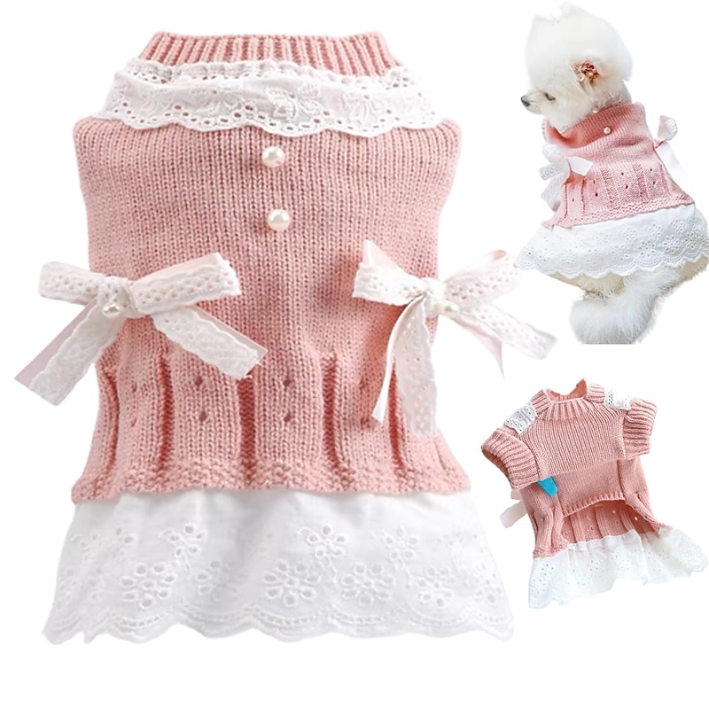 Dog Cat Sweater Dress Jumper Elegant Adorable Winter Breathable Soft Washable Comfortable Outdoor Casual Daily Dog Clothing for Bichon Frise Pomeranian Baby Pet Papillon Small
