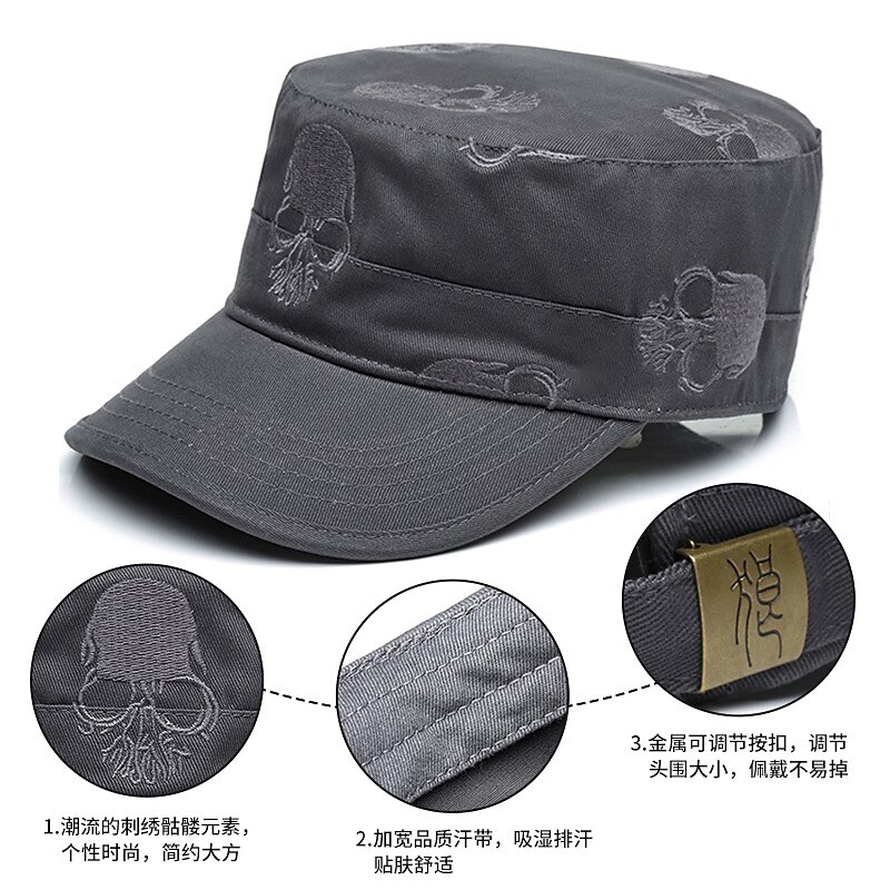 Men Cotton Military Caps Cadet Hat Unique Skull Design Vintage Flat Top Army Cap3
