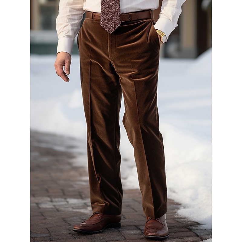 Men's Dress Pants Trousers Suit Pants Velvet Pants Pocket Straight Leg Plain Comfort Breathable Outdoor Daily Going out Fashion Casual Black Wine