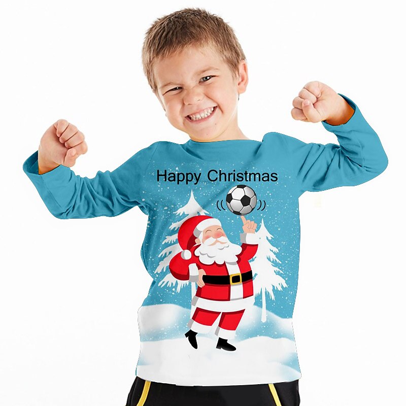 Boys 3D Santa Claus Football Tee Shirt Long Sleeve 3D Print Fall Winter Sports Fashion Streetwear Polyester Kids 3-12 Years Crew Neck Outdoor Casual Daily Regular Fit3