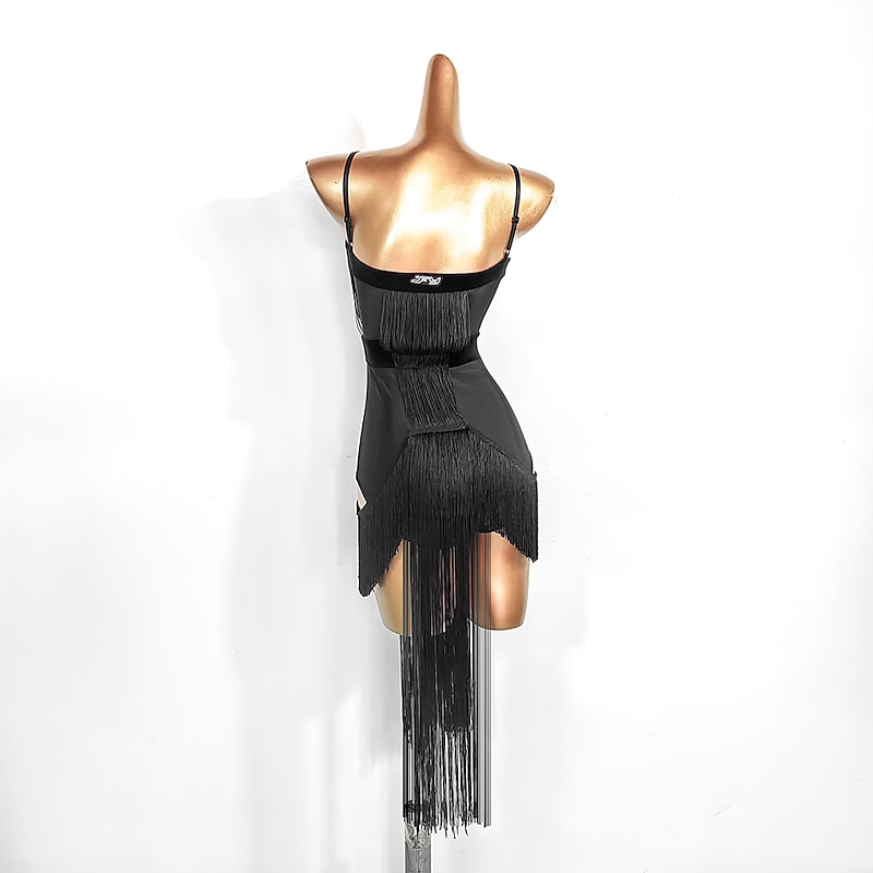 Dance Salsa Latin Dance Dress Tassel Pure Color Splicing Women's Performance Training Sleeveless Polyester Spandex2