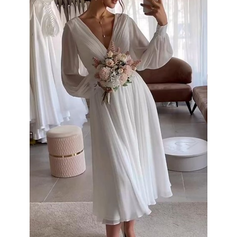 Simple Wedding Dresses  Little White Dress Bridal Shower Dresses Wedding Dresses A-Line V Neck Long Sleeve Tea Length Chiffon Bridal Gowns With Pleats Solid Color2