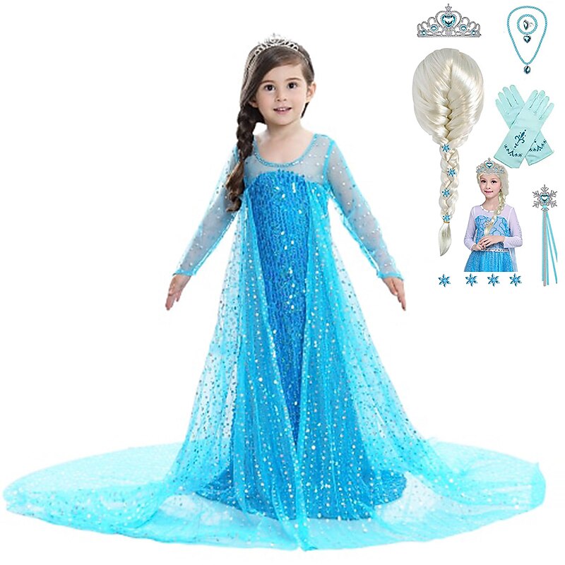 Frozen Princess Elsa Dress Flower Girl Dress Girls' Movie Cosplay A-Line Slip Pattern Dress With Accessories Children's Day Masquerade Cotton World Book Day Costumes With Wig