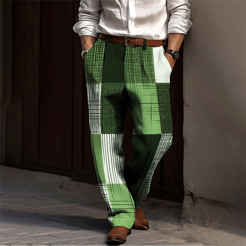 Plaid / Check Business Men's 3D Print Dress Pants Pants Trousers Outdoor Street Wear to work Polyester Blue Orange Green S M L High Elasticity Pants3