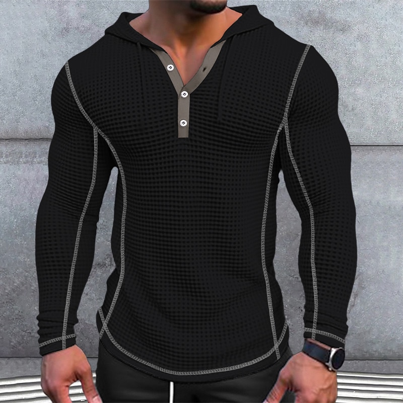 Men's T Shirt Waffle Henley Shirt Henley Shirt Tee Top Long Sleeve Henley Spring &  Fall Plain Fashion Designer Basic Patchwork Hooded Vacation Street Going out Black White Navy Blue Top Tee for Men2