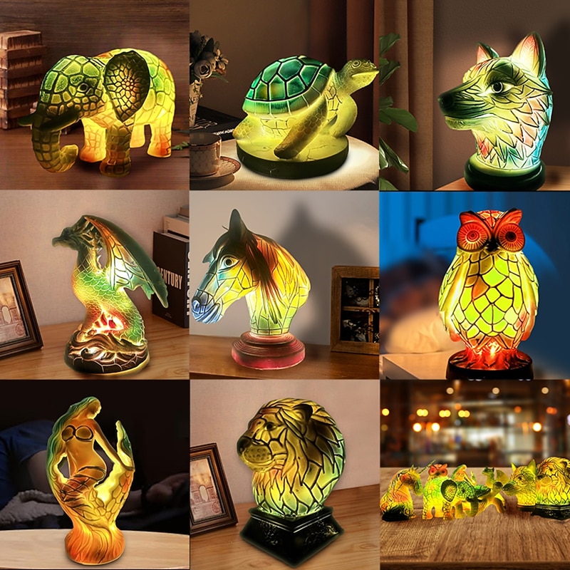 Animal Table Lamp Series, Stained Resin Table Lamp Night Light, Stained Resin Animal Night Light, Stained Resin Lamp for Bedroom Animal Lovers Home Decor 10*15CM/3.93*5.9INCH (3pcs Button Batteries)2