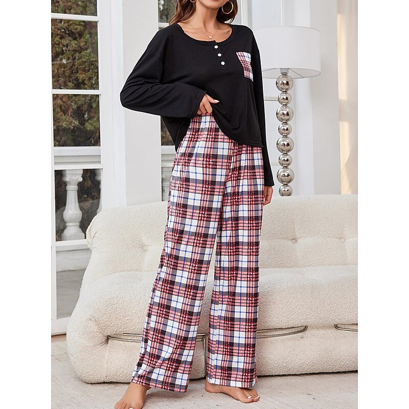Women's Pajamas Sets Grid / Plaid Casual Comfort Home Bed Breathable Crew Neck Long Sleeve T shirt Tee Pant Button Pocket Fall Winter Home Outfits4