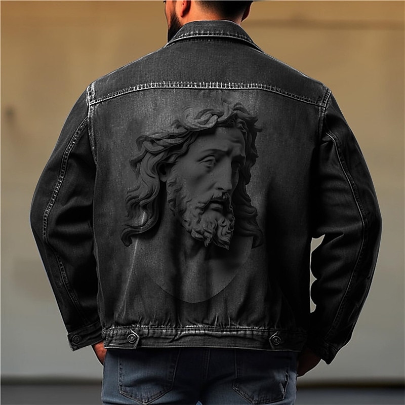 Men's Sculpture Coat Jean Jacket Denim Jacket Comfortable Breathable Casual Sports & Outdoor Going out Weekend Buttons Print Fall & Winter Turndown Long Sleeve Black Blue2