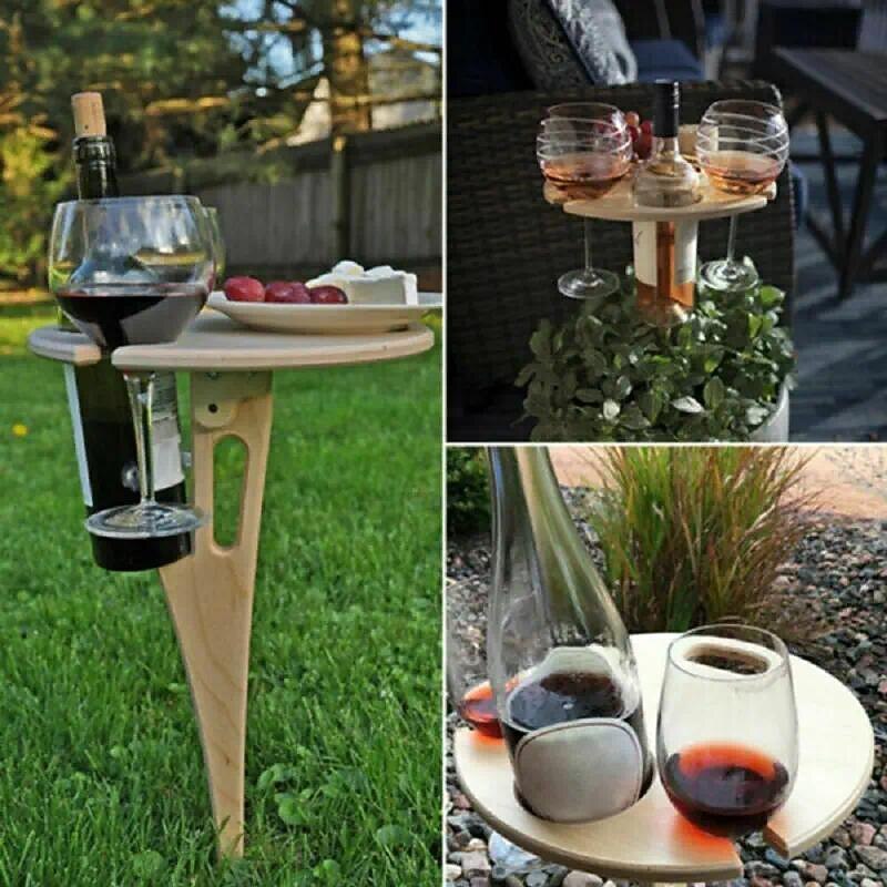 Outdoor Wine Table,Round Folding Wine Table,Wooden Picnic Camping Table Beach Table ,Champagne Picnic Table for Outdoors Park Lawn Beach Picnic Wine Glass Holder Travel2