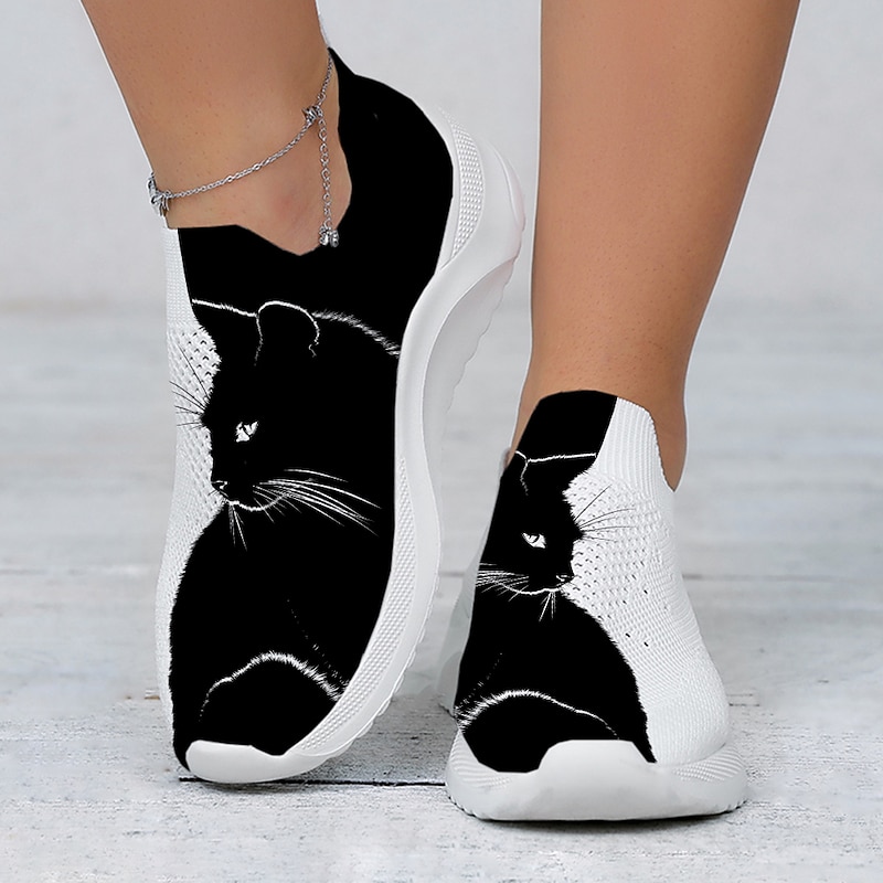 Women's Black Cat Print Slip-On Sneakers – Breathable Knit Walking Shoes for Casual Wear, Travel, and Cat Lovers2