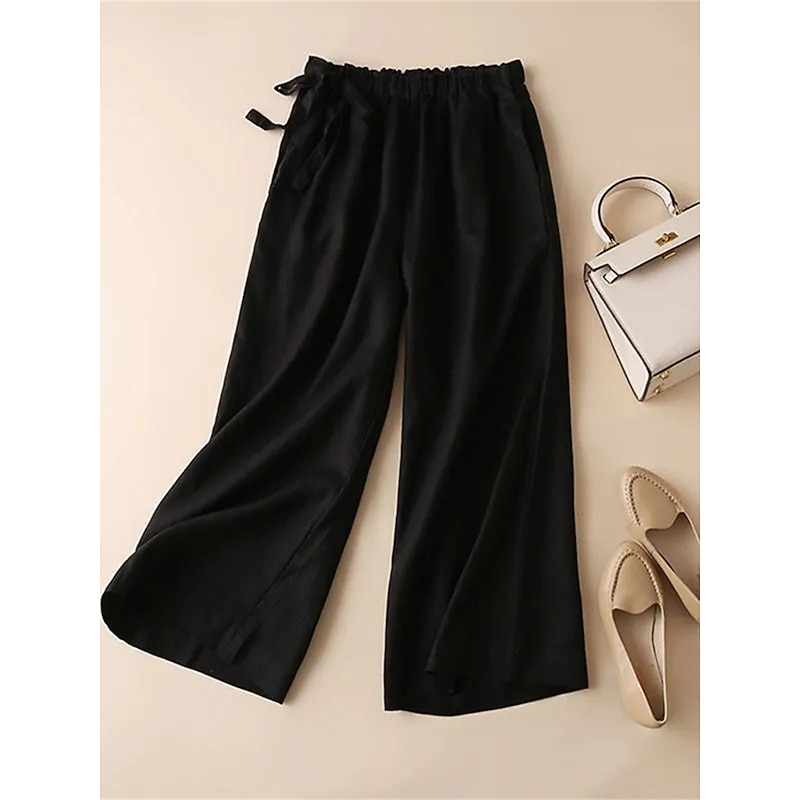 Women's Wide Leg Cropped Pants Vacation Vintage Casual Ankle-Length High Waist Solid Color Drawstring Elastic Waist Breathable Comfortable Micro-elastic Outdoor Street Daily ArmyGreen Maroon Red hemp4