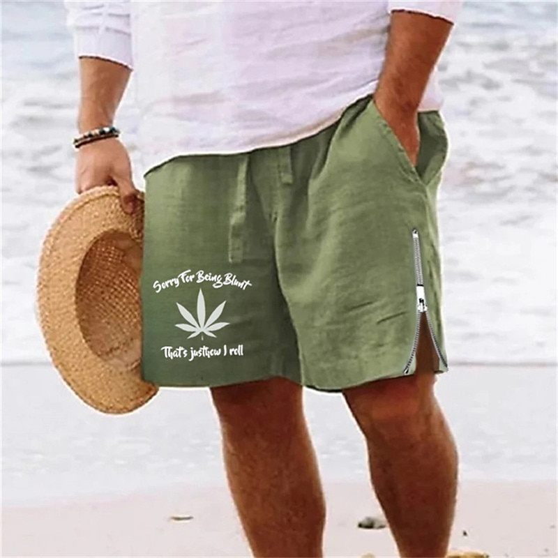 Men's Leaf Letter Shorts Summer Shorts Beach Shorts Mid Waist Hawaiian Casual Daily Holiday Going out Drawstring Zipper Elastic Waist Designer Clothing Apparel
