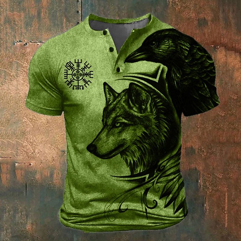 Men's Graphic Wolf Viking T Shirt Henley Shirt Short Sleeve 3D Print Fashion Retro Vintage Classic Sports Outdoor Holiday Going out Spring & Summer Blue Green Khaki Gray Henley Henley T-Shirt4