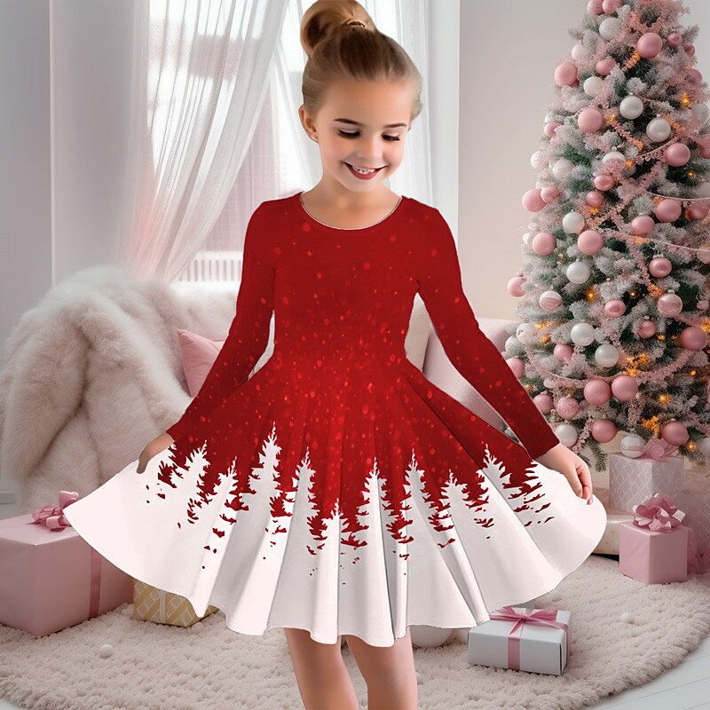 Girls' 3D Tree Snowflake Dress Snowflake Dress Long Sleeve 3D Print Fall Winter Vacation Sports & Outdoor Daily Cute Casual Beautiful Kids 3-12 Years Casual Dress A Line Dress Above Knee Regular Fit2