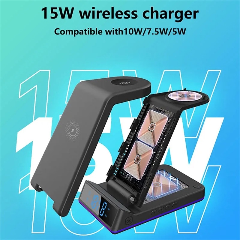 5 In 1 15W Foldable Wireless Charger Stand RGB Dock LED Clock Fast Charging Station for iPhone Samsung Galaxy Watch 5/4 S22 S214
