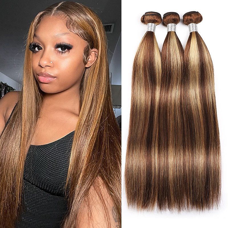 Highlight Hair Bundles Virgin Straight Human Hair 3 Bundles Ombre Honey Blonde P4/27 Color