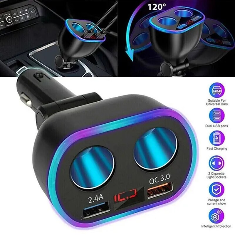 DC 12V LED 2 Way Car Cigarette Lighter Socket Splitter Dual USB Charger Adapter