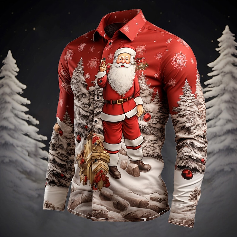 Men's Santa Claus Tree Shirt Button Up Shirt Long Sleeve Casual Christmas Daily Wear Going out Fall & Winter Turndown Print Button-Down Gray+Purple Dark Red Yellow Red Royal Blue4