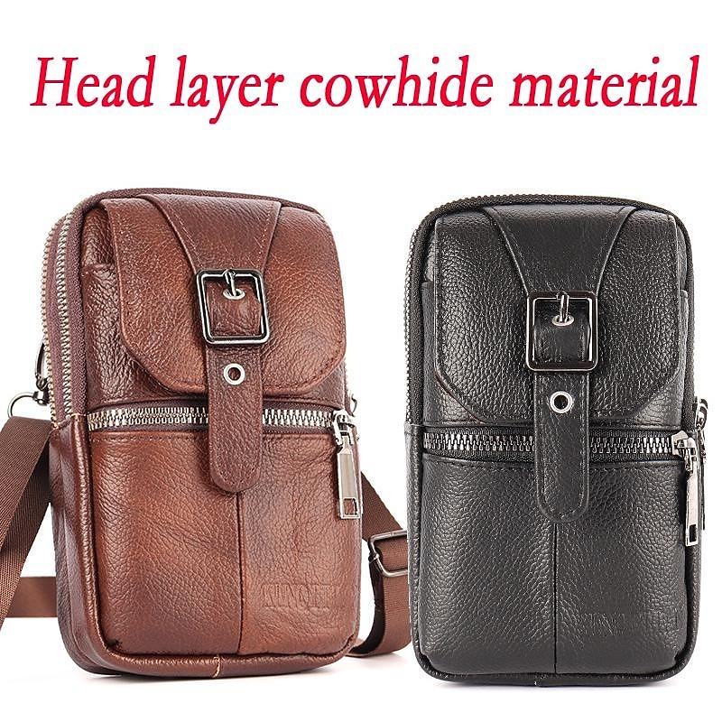 Men's Multi Functional Genuine Leather Shoulder Bag Cell Phone Crossbody Purse Phone Holster Case Leather Belt Waist Pouch Small Messenger Bag2